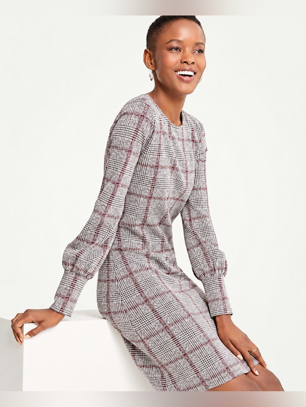 NWOT Ann Taylor Petite Cuffed Plaid Dress Grey/Burgundy Tweed, XSP, MSRP $119